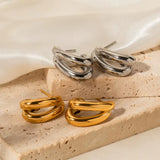 Youthway Stainless Steel Double Layer Hollow C Shape Earrings Waterproof Polished Gold Plated Chic Stylish Ear Jewelry