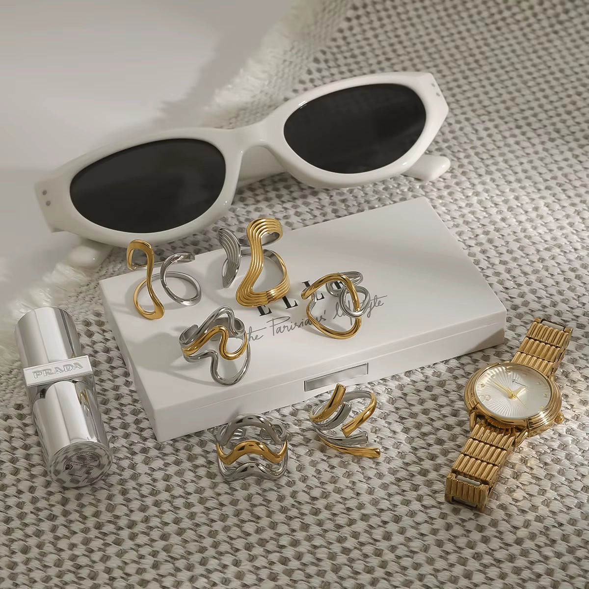 Youthway Minimalist Versatile Stainless Steel Two Color Irregular Lines Textured Hollow Ring Series Waterproof Jewelry Daily