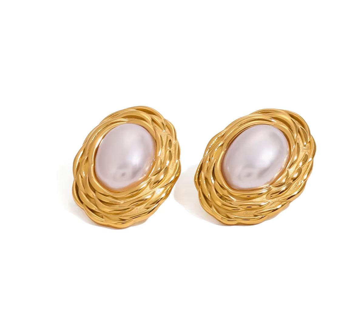 Youthway 18K Gold Plated Stainless Steel Retro Woven Pearl Geometric Oval Earrings For Women Fashion Charm Waterproof Jewelry