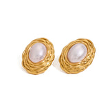 Youthway 18K Gold Plated Stainless Steel Retro Woven Pearl Geometric Oval Earrings For Women Fashion Charm Waterproof Jewelry