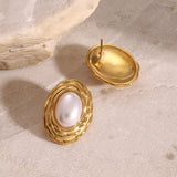 Youthway 18K Gold Plated Stainless Steel Retro Woven Pearl Geometric Oval Earrings For Women Fashion Charm Waterproof Jewelry