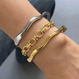 Gold Color Shiny Thick Round Bangle Cuff Circle Shaped Stacking Bracelets Waterproof Simple Ethnic Minimal Arm Party Bang