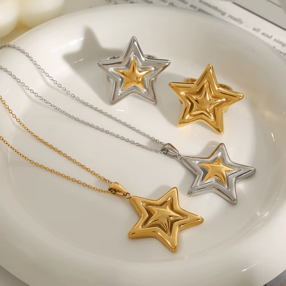 Youthway New Arrival Minimalist Stainless Steel Two Color Smooth Star Pendant Necklace Ring Set For Women Trendy Jewelry Party
