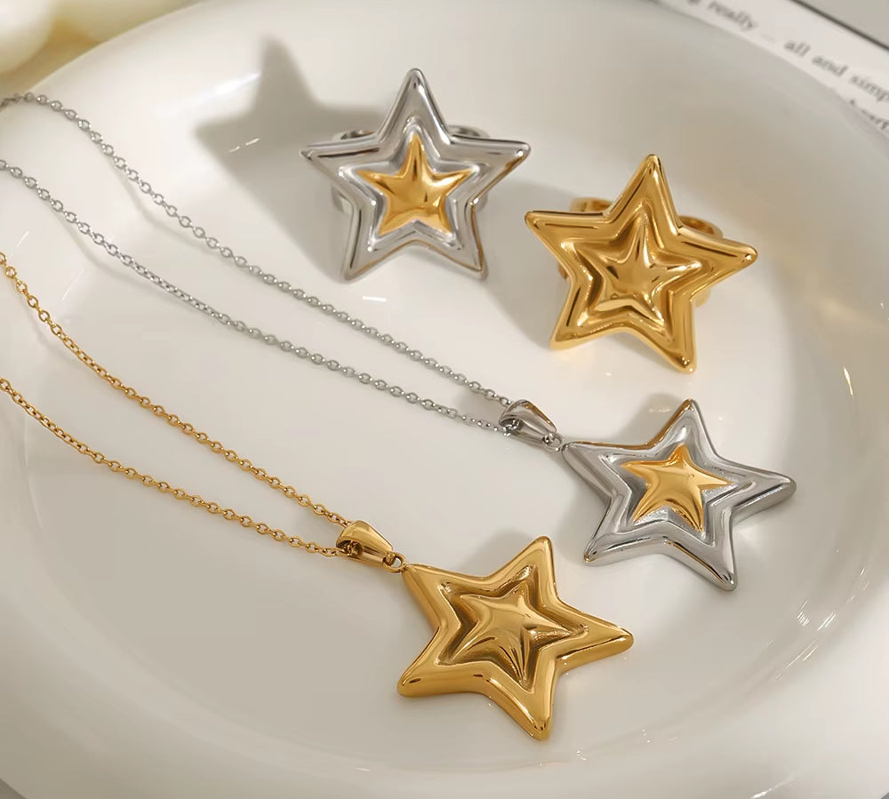 Youthway New Arrival Minimalist Stainless Steel Two Color Smooth Star Pendant Necklace Ring Set For Women Trendy Jewelry Party