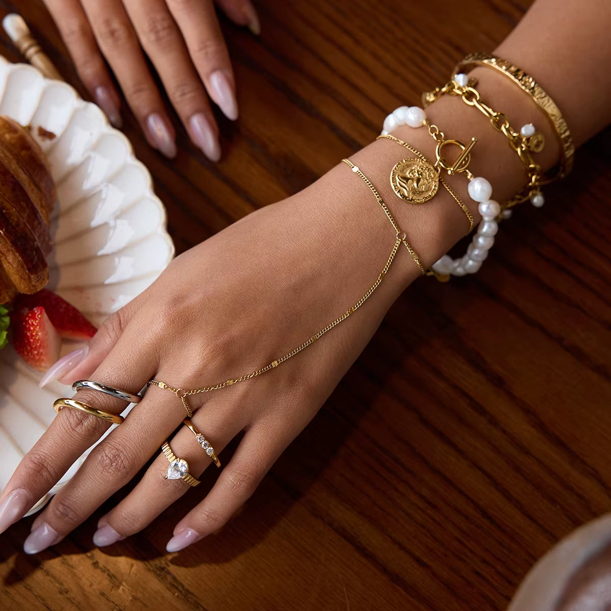 Youthway Double Layers Metal Chain Finger Bracelet Stainless Steel Wrist Jewelry Waterproof Chic Chain Bracelet with Finger