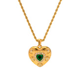 Youthway Gold Plated Textured Hand Brushed Green Cubic Zirconia Heart Pendant Necklace for Women Fashion Healing Jewelry