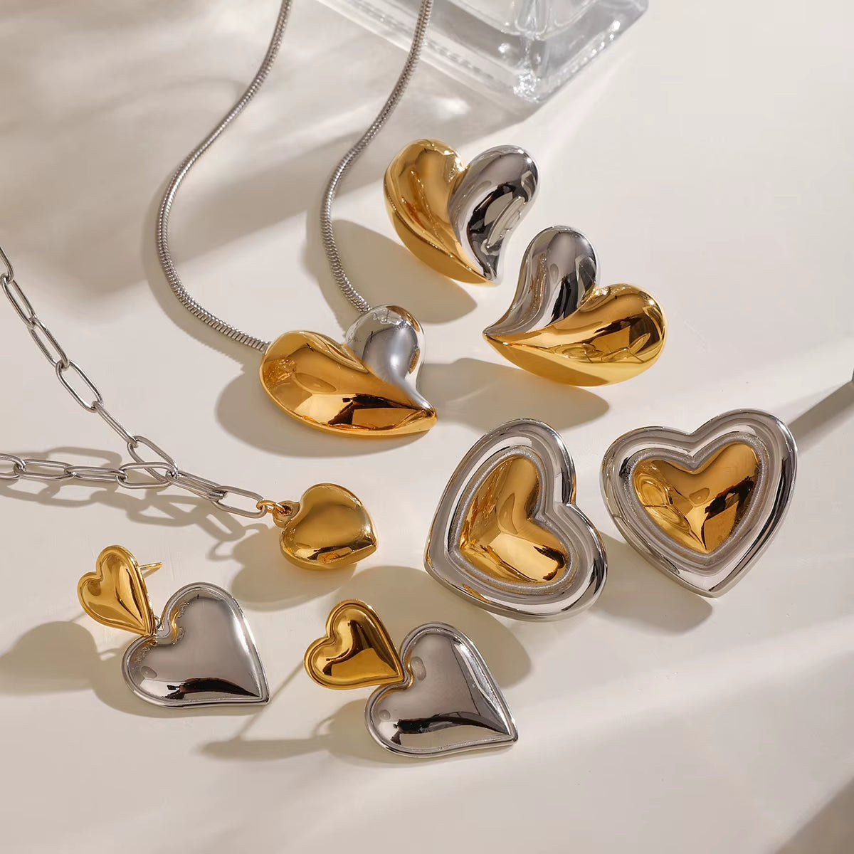 Youthway Love Heart Metal Pendant Necklace Stud Earrings Sets Gold Color Stainless Steel Premium Jewelry Delicate Gift