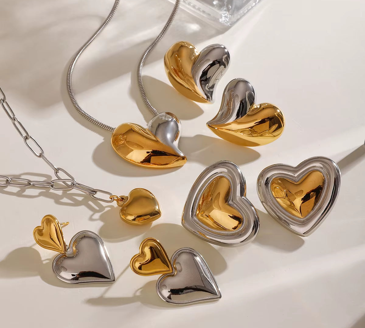Youthway Love Heart Metal Pendant Necklace Stud Earrings Sets Gold Color Stainless Steel Premium Jewelry Delicate Gift
