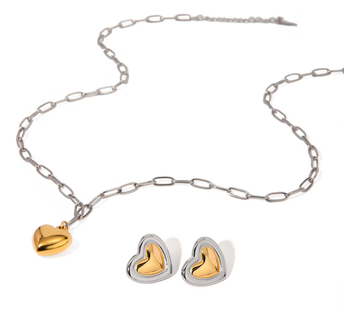 Youthway Love Heart Metal Pendant Necklace Stud Earrings Sets Gold Color Stainless Steel Premium Jewelry Delicate Gift