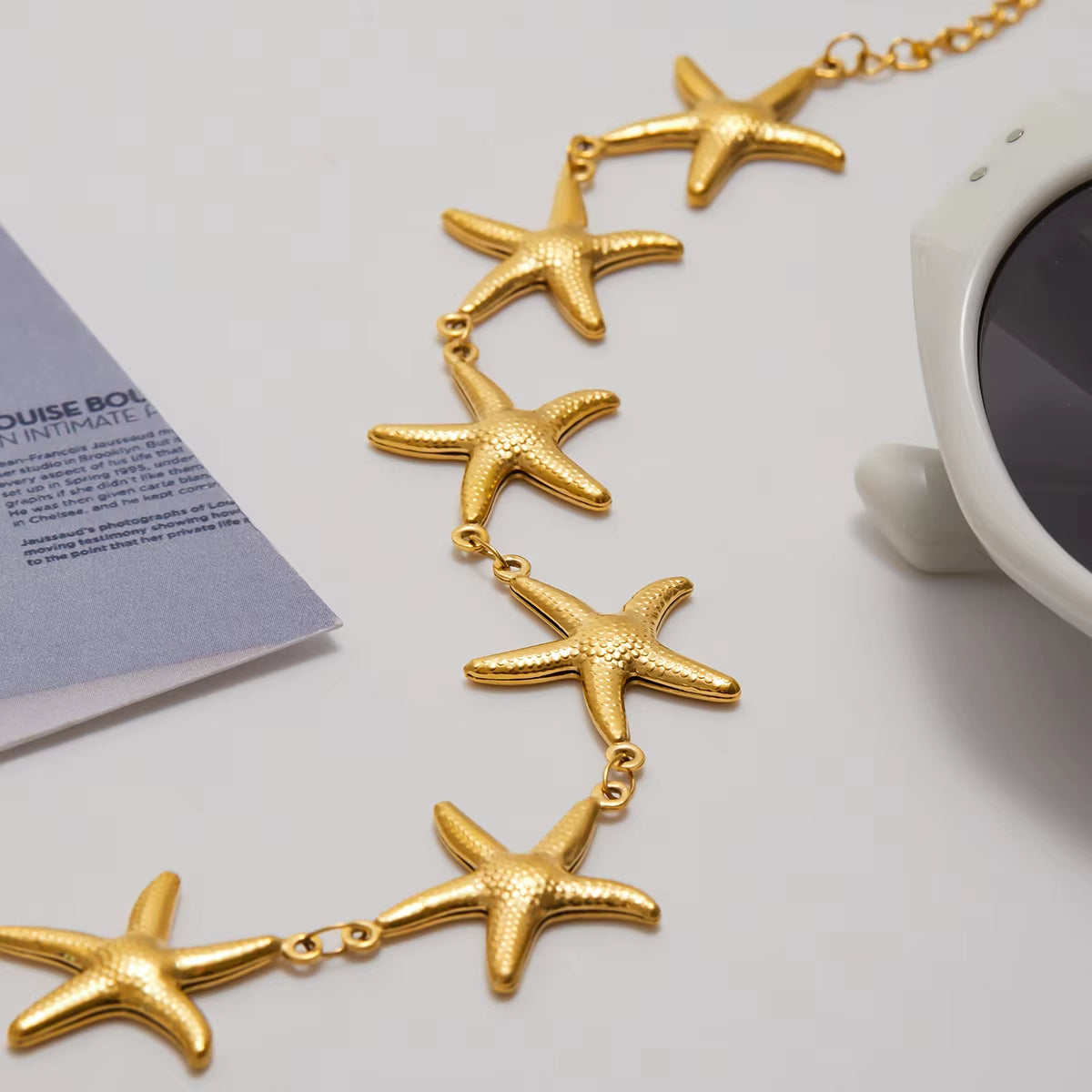 Ocean Vacation Style 18K Gold Color Plated Stainless Steel Waterproof Starfish Bracelet Stackable Chain Bracelet Women's