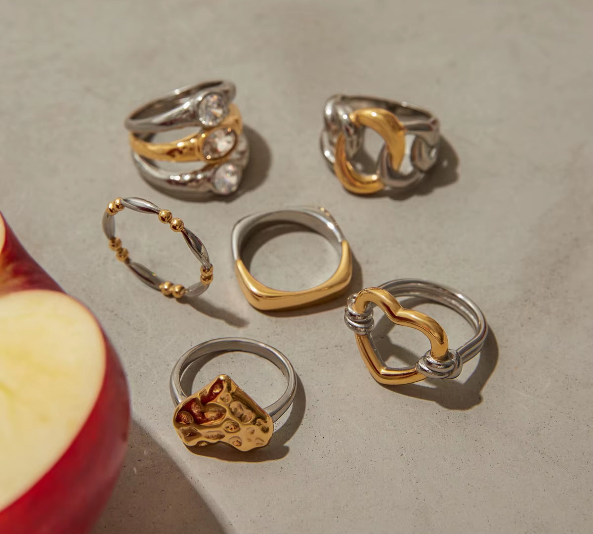 Youthway Versatile Minimalist Two Color Zircon Heart Shaped Hollow Rings Stainless Steel Waterproof Anti Allergic Jewelry