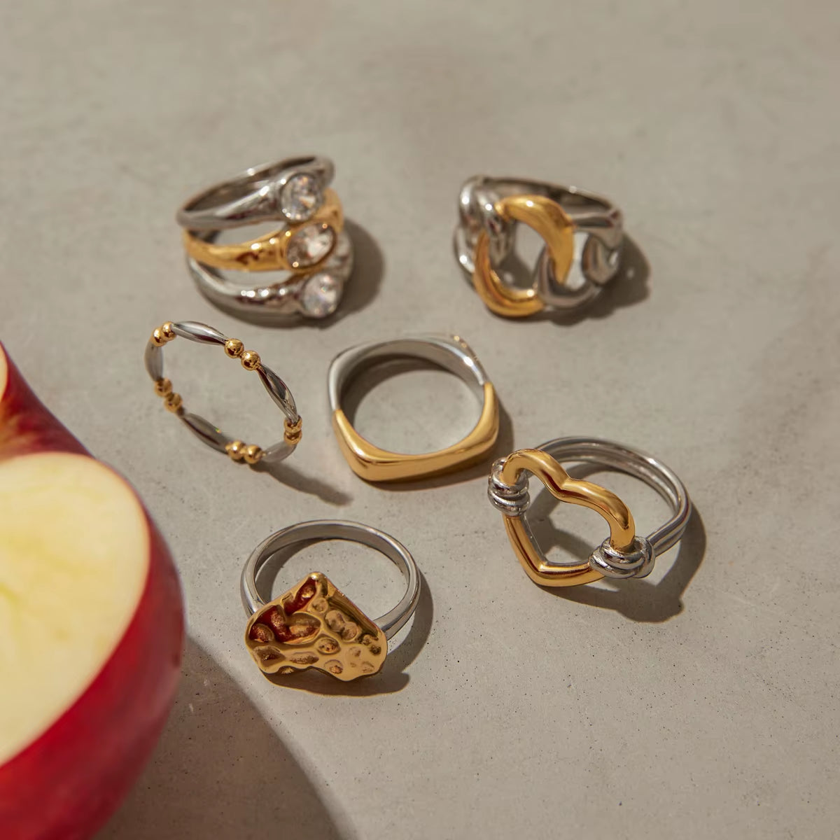 Youthway Versatile Minimalist Two Color Zircon Heart Shaped Hollow Rings Stainless Steel Waterproof Anti Allergic Jewelry