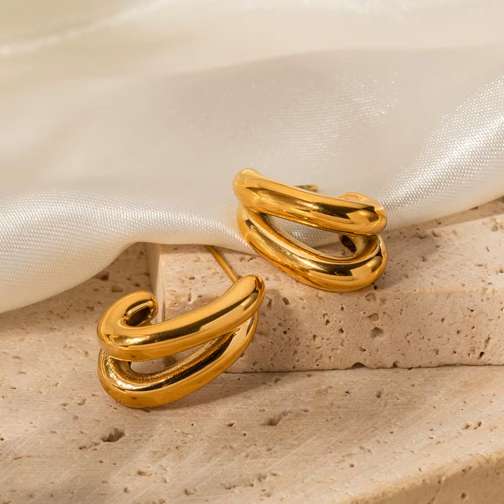 Youthway Stainless Steel Double Layer Hollow C Shape Earrings Waterproof Polished Gold Plated Chic Stylish Ear Jewelry