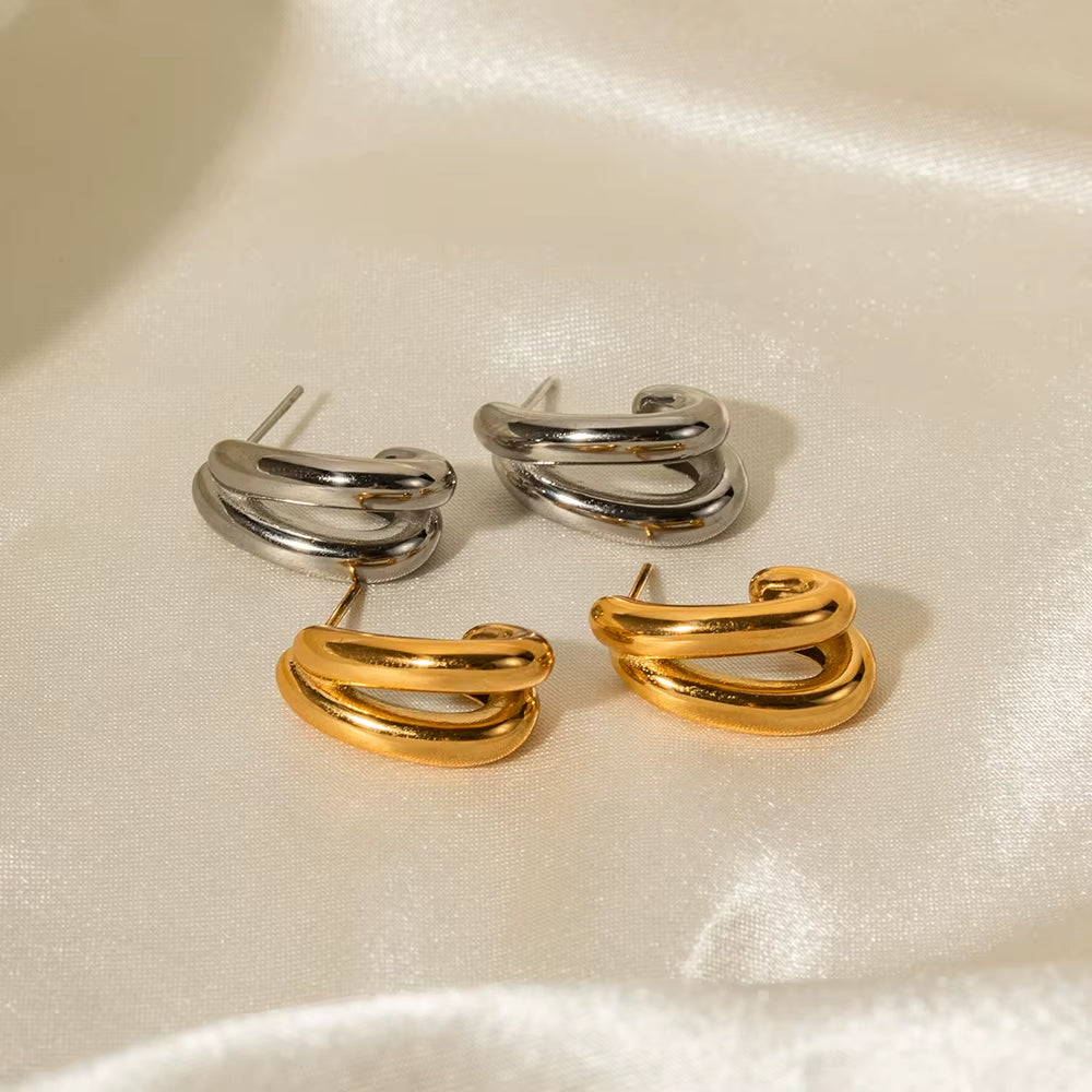 Youthway Stainless Steel Double Layer Hollow C Shape Earrings Waterproof Polished Gold Plated Chic Stylish Ear Jewelry