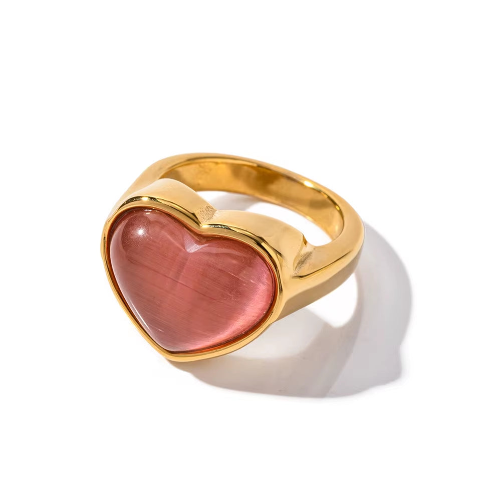Stainless Steel Chubby Jelly Heart Gemstone Ring Wide Fashion Ring Women Metal Vintage Trendy Stylish Finger Jewelry
