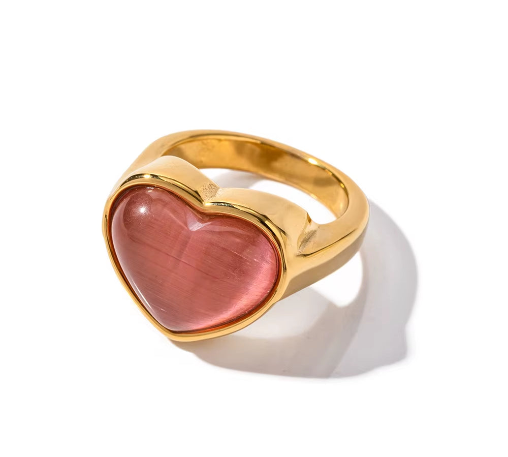 Stainless Steel Chubby Jelly Heart Gemstone Ring Wide Fashion Ring Women Metal Vintage Trendy Stylish Finger Jewelry