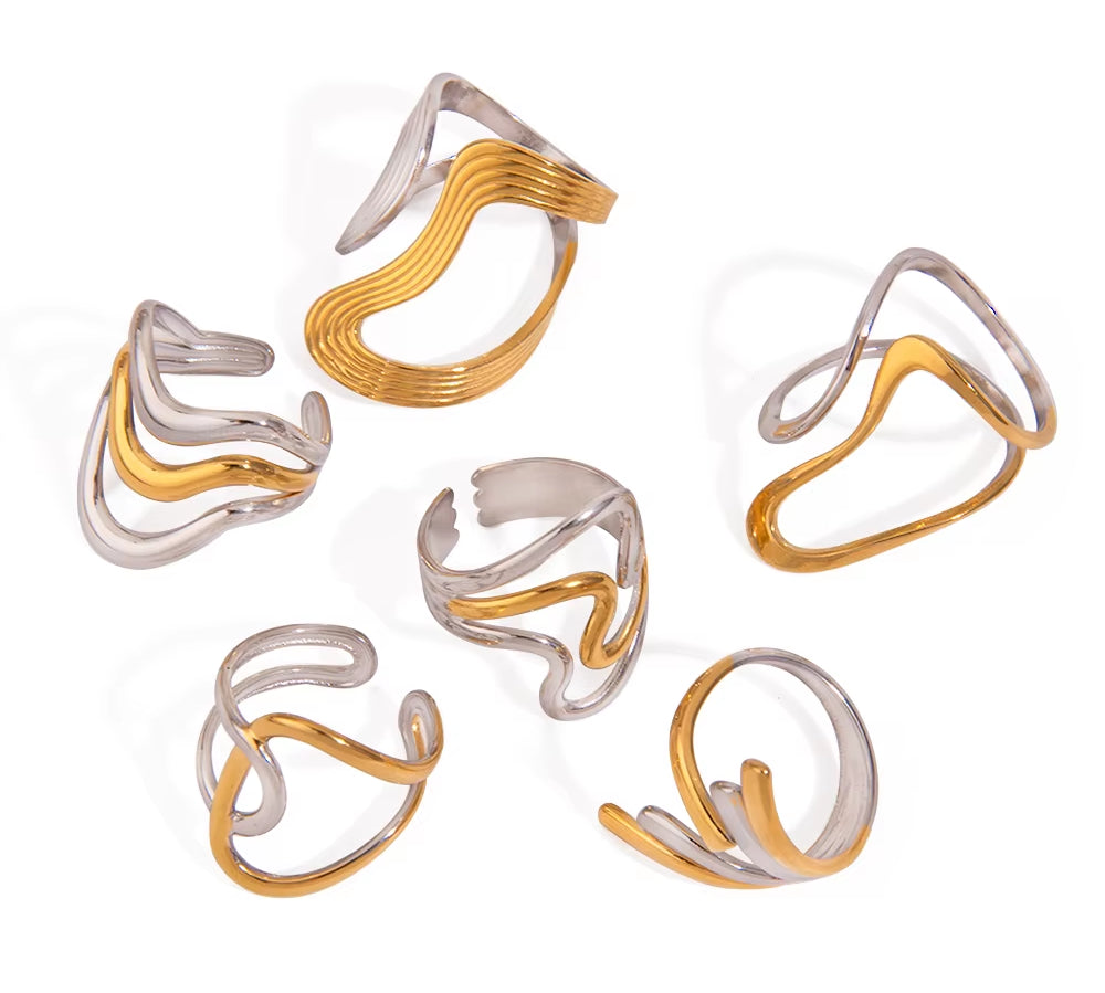 Youthway Minimalist Versatile Stainless Steel Two Color Irregular Lines Textured Hollow Ring Series Waterproof Jewelry Daily