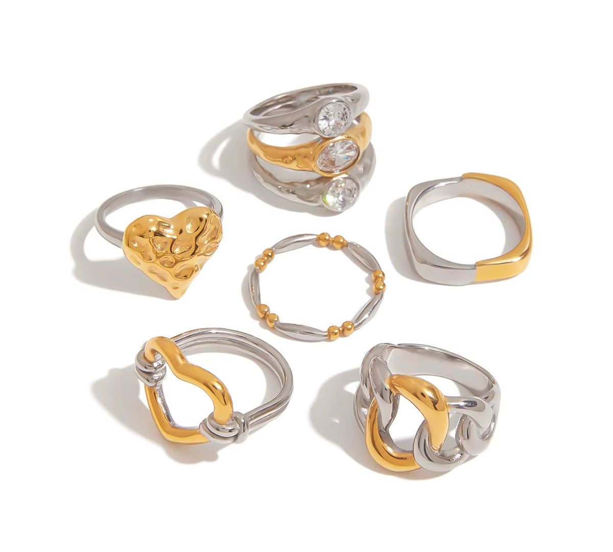 Youthway Versatile Minimalist Two Color Zircon Heart Shaped Hollow Rings Stainless Steel Waterproof Anti Allergic Jewelry