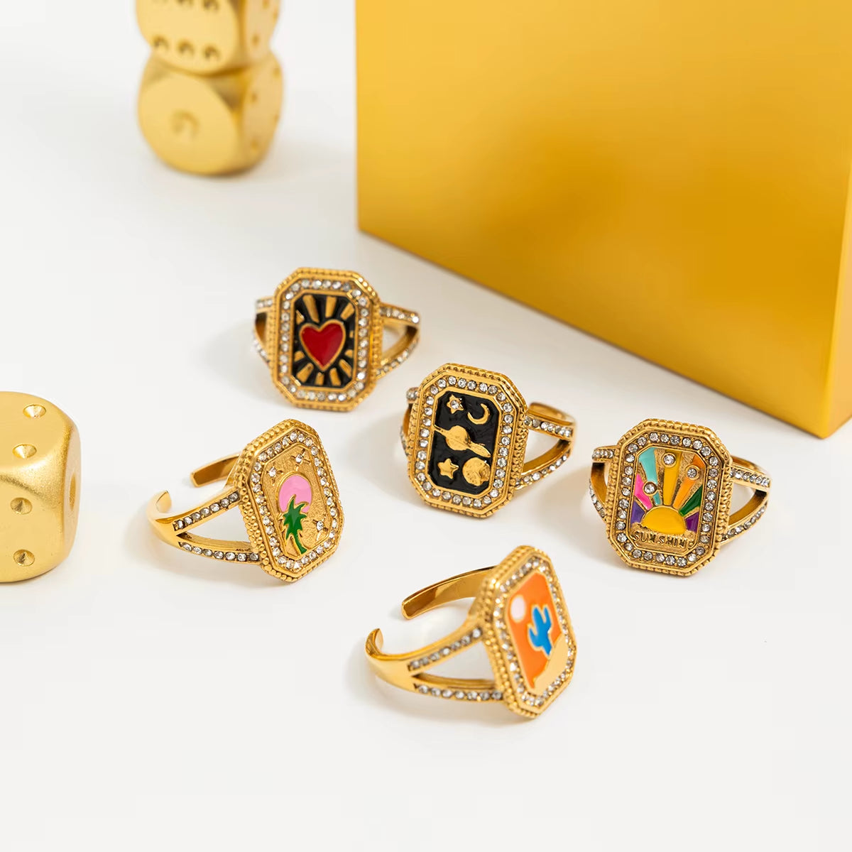 Youthway New Design Tarot Card Gold Plated Stainless Steel Square White Zircon Heart Ring Waterproof Minimalist Women Jewelry