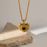 Youthway Gold Plated Textured Hand Brushed Green Cubic Zirconia Heart Pendant Necklace for Women Fashion Healing Jewelry