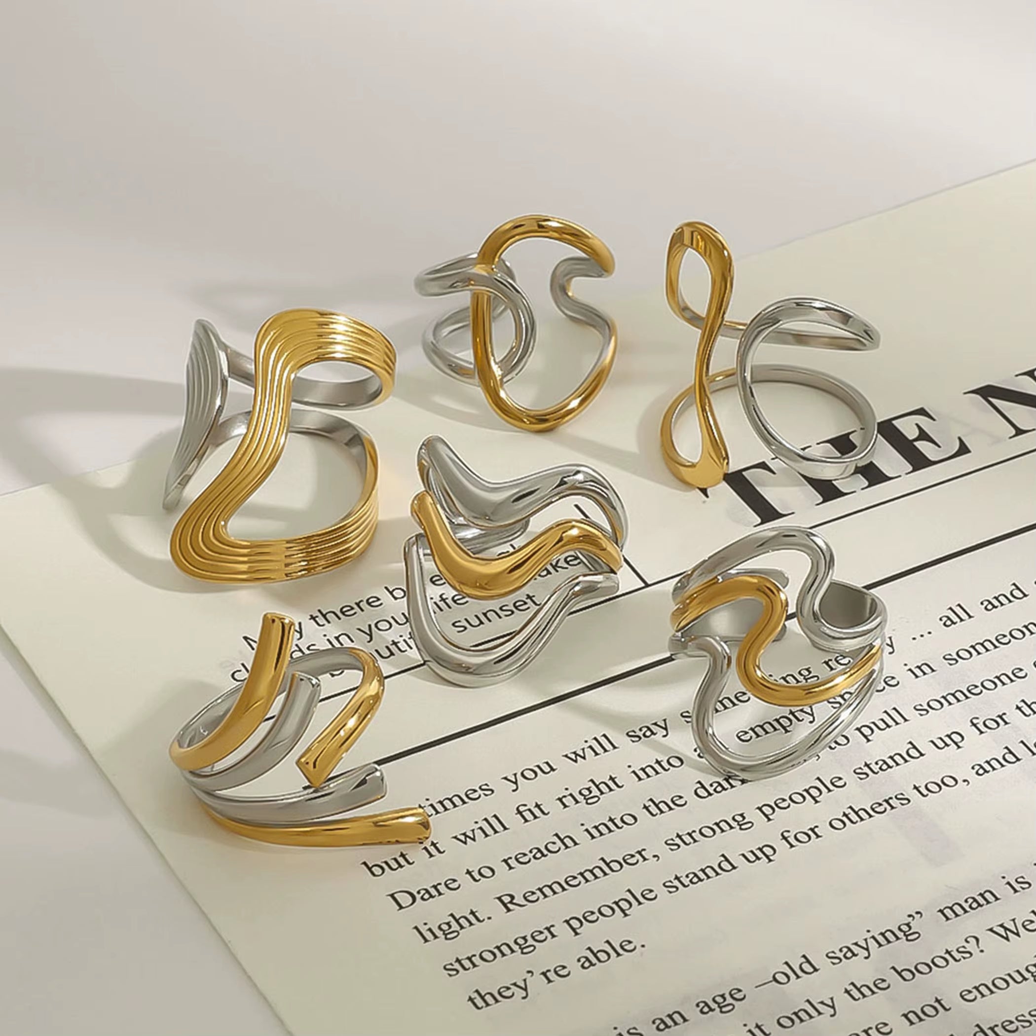 Youthway Minimalist Versatile Stainless Steel Two Color Irregular Lines Textured Hollow Ring Series Waterproof Jewelry Daily