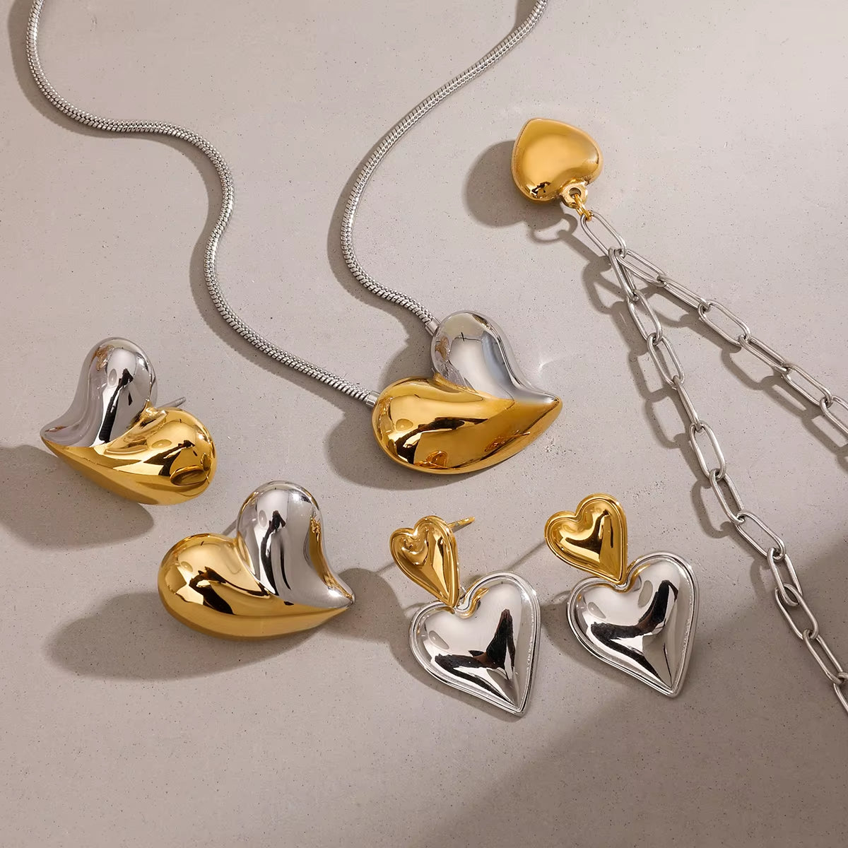 Youthway Love Heart Metal Pendant Necklace Stud Earrings Sets Gold Color Stainless Steel Premium Jewelry Delicate Gift