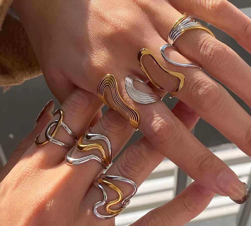 Youthway Minimalist Versatile Stainless Steel Two Color Irregular Lines Textured Hollow Ring Series Waterproof Jewelry Daily