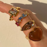 Stainless Steel Chubby Jelly Heart Gemstone Ring Wide Fashion Ring Women Metal Vintage Trendy Stylish Finger Jewelry