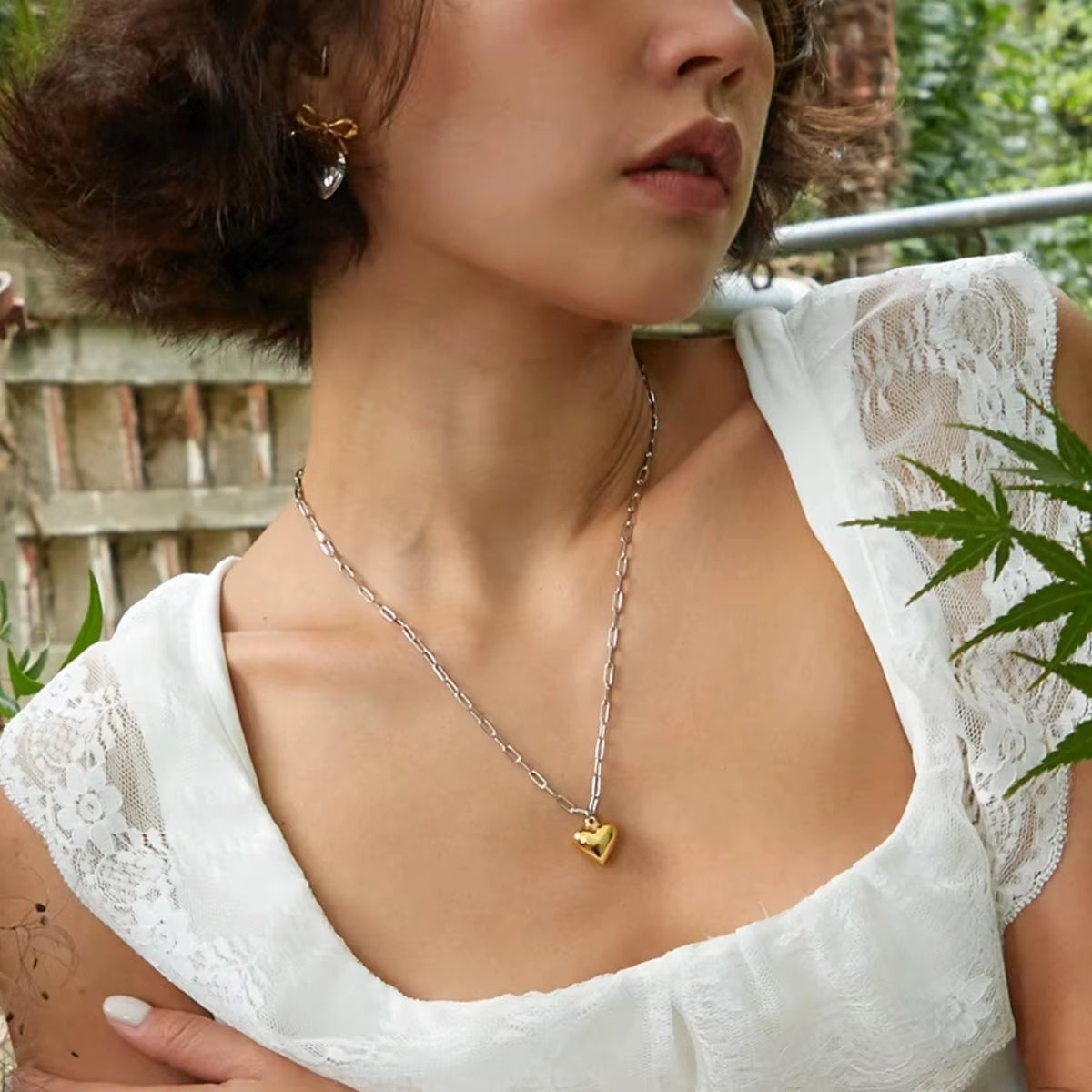 Youthway Love Heart Metal Pendant Necklace Stud Earrings Sets Gold Color Stainless Steel Premium Jewelry Delicate Gift