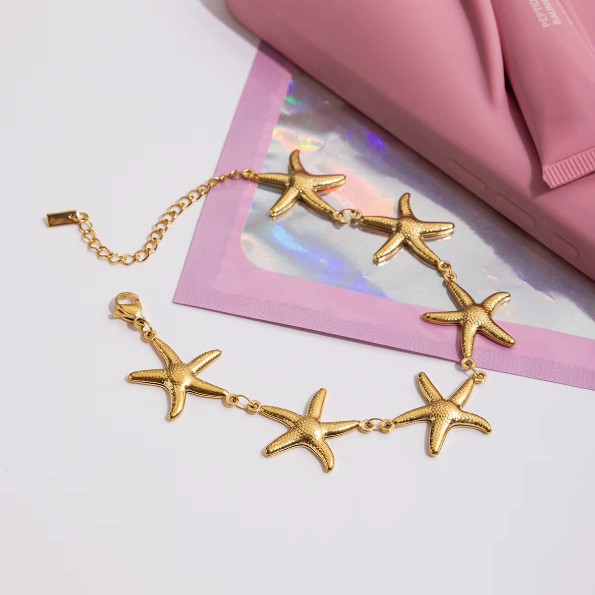 Ocean Vacation Style 18K Gold Color Plated Stainless Steel Waterproof Starfish Bracelet Stackable Chain Bracelet Women's