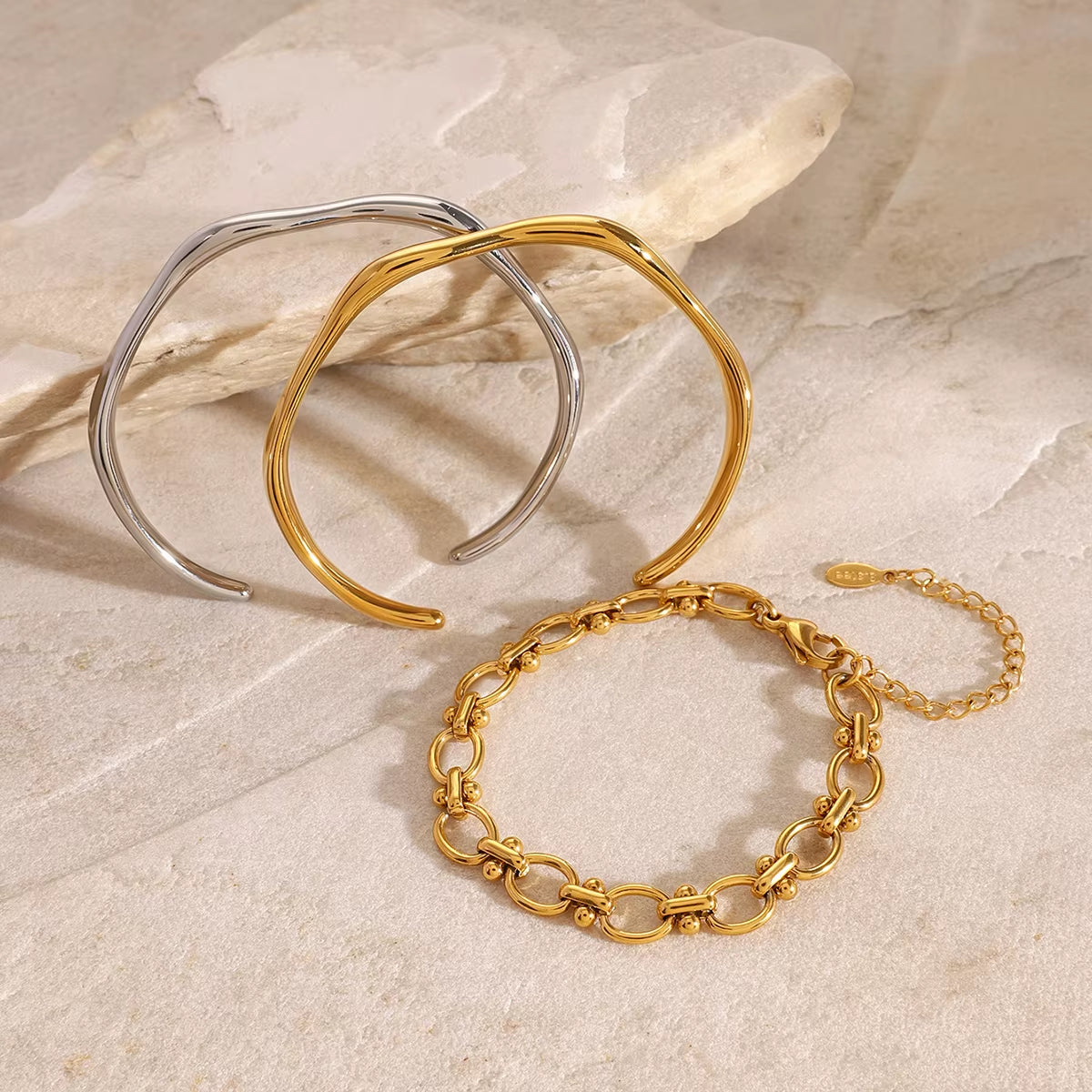 Gold Color Shiny Thick Round Bangle Cuff Circle Shaped Stacking Bracelets Waterproof Simple Ethnic Minimal Arm Party Bang