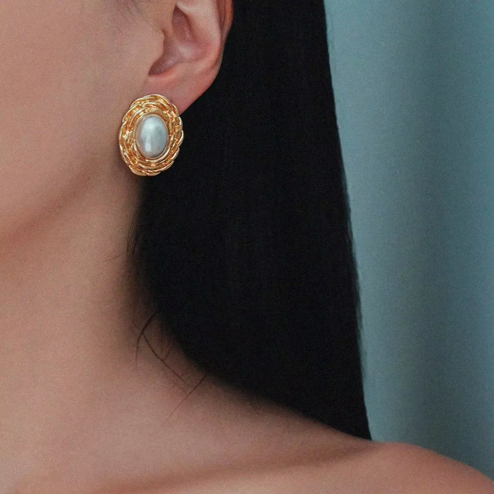 Youthway 18K Gold Plated Stainless Steel Retro Woven Pearl Geometric Oval Earrings For Women Fashion Charm Waterproof Jewelry
