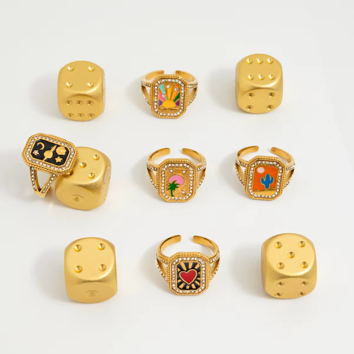 Youthway New Design Tarot Card Gold Plated Stainless Steel Square White Zircon Heart Ring Waterproof Minimalist Women Jewelry