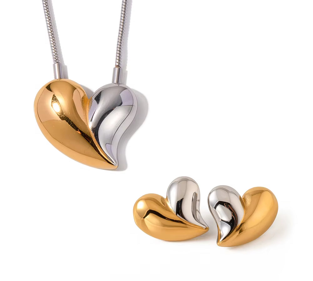 Youthway Love Heart Metal Pendant Necklace Stud Earrings Sets Gold Color Stainless Steel Premium Jewelry Delicate Gift