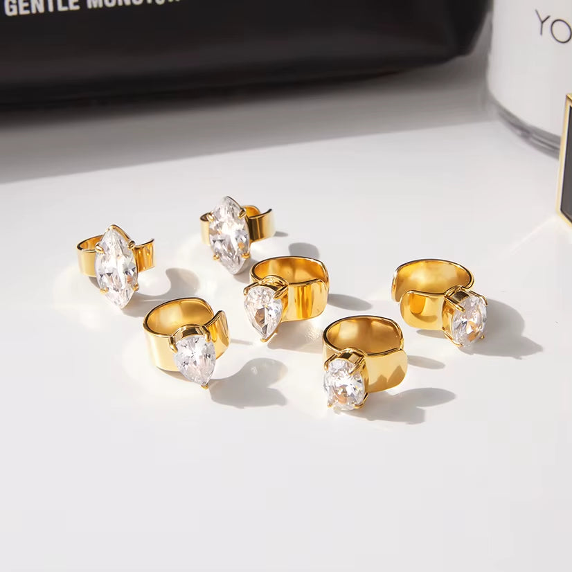 Uworld Simple Classic 18K Gold Color Plated Stainless Steel Oval White Zircon Earclip Women's Jewelry Party Gift