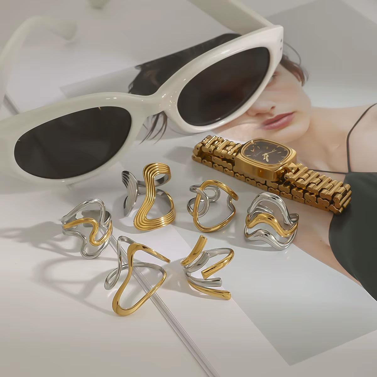 Youthway Minimalist Versatile Stainless Steel Two Color Irregular Lines Textured Hollow Ring Series Waterproof Jewelry Daily